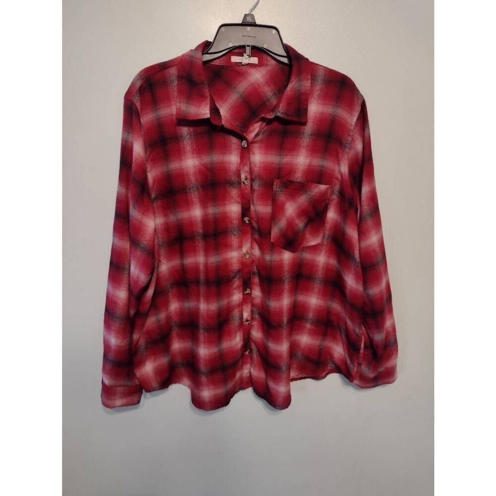 Maurices Size 2X Red Black Pink Plaid Button Down Shirt